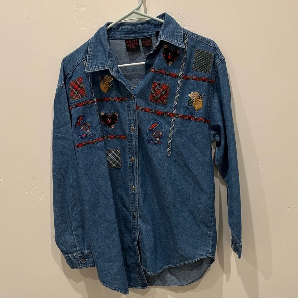Embroidered Denim Shirt with Patchwork - Picture 1 of 5